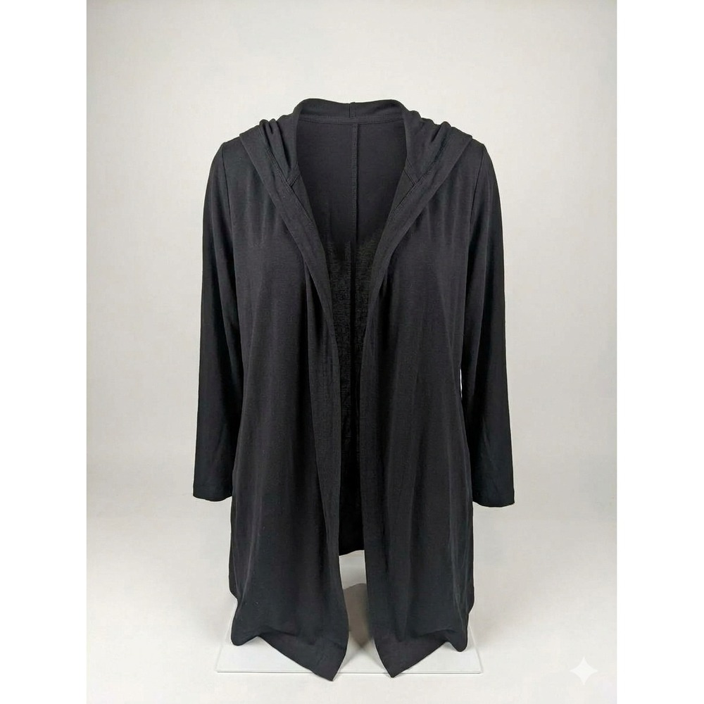 Eileen Fisher Womens 1X Black Hooded Open Front Jersey Knit Cardigan Wrap Travel
